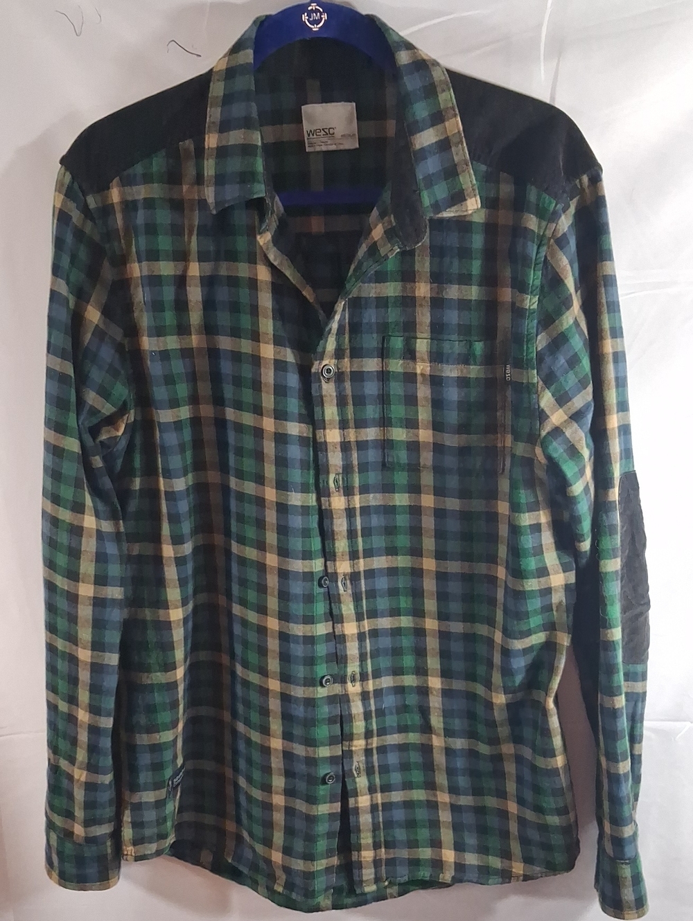 Wesc Green, Blue & Tan Plaid Button-Down Shirt with Black Shoulder Panels M